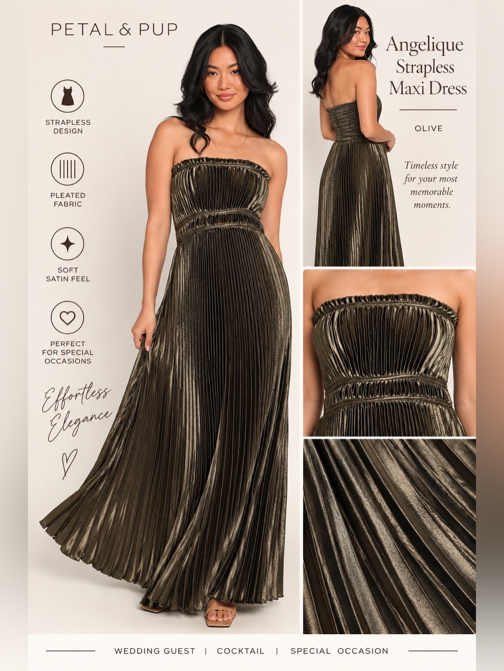 NEW Petal & Pup Angelique Olive Strapless Pleated Maxi Dress Wedding Guest Forma - Picture 2 of 9